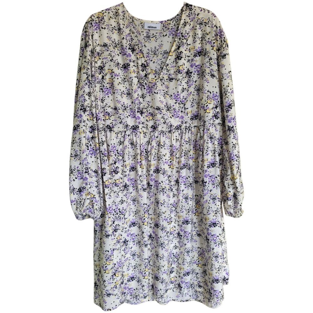 Minimum Floral Long Sleeve Mini Dress Cream Purple V Neck Relaxed Fit Viscose - Picture 4 of 12